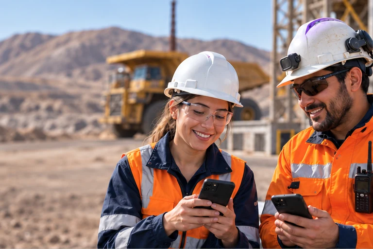 Trabajadores de industria coordinando tareas en planta.