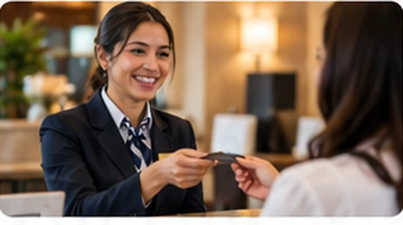 Recepcionista atendiendo a una huésped en un hotel.