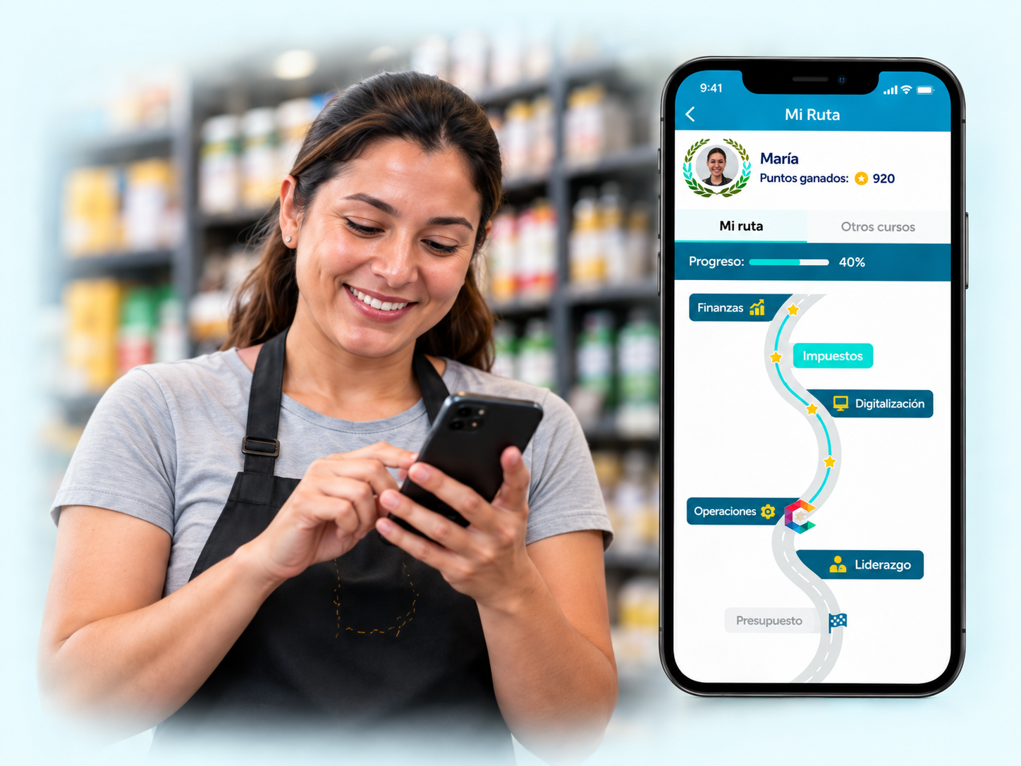 Trabajadora de retail aprendiendo desde su teléfono junto a una ruta de aprendizaje de Closelly.