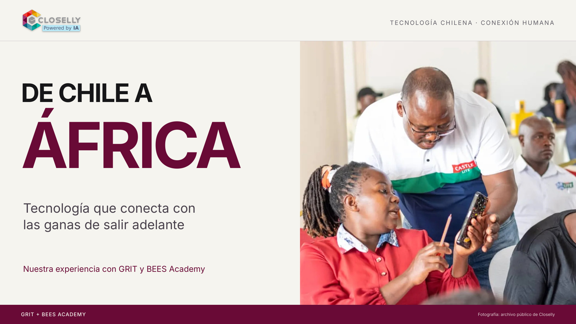 De Chile a África. Portada de Closelly con una participante de GRIT usando un teléfono junto a un facilitador.