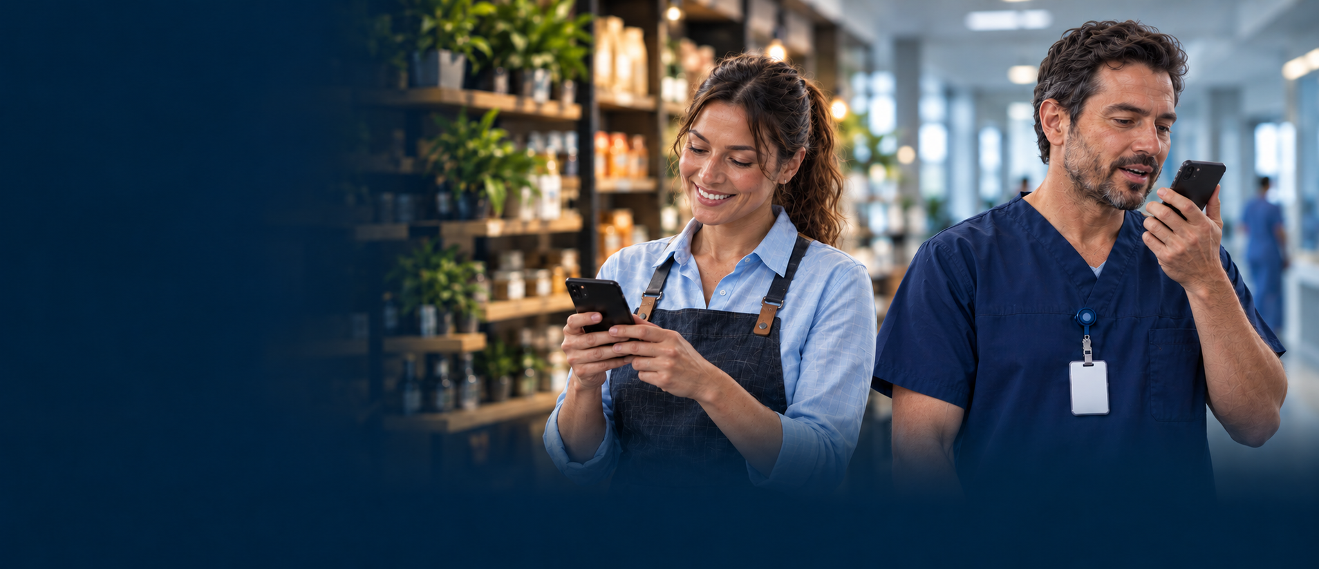 Trabajadora de retail aprendiendo desde su teléfono y profesional de salud conversando desde su teléfono.