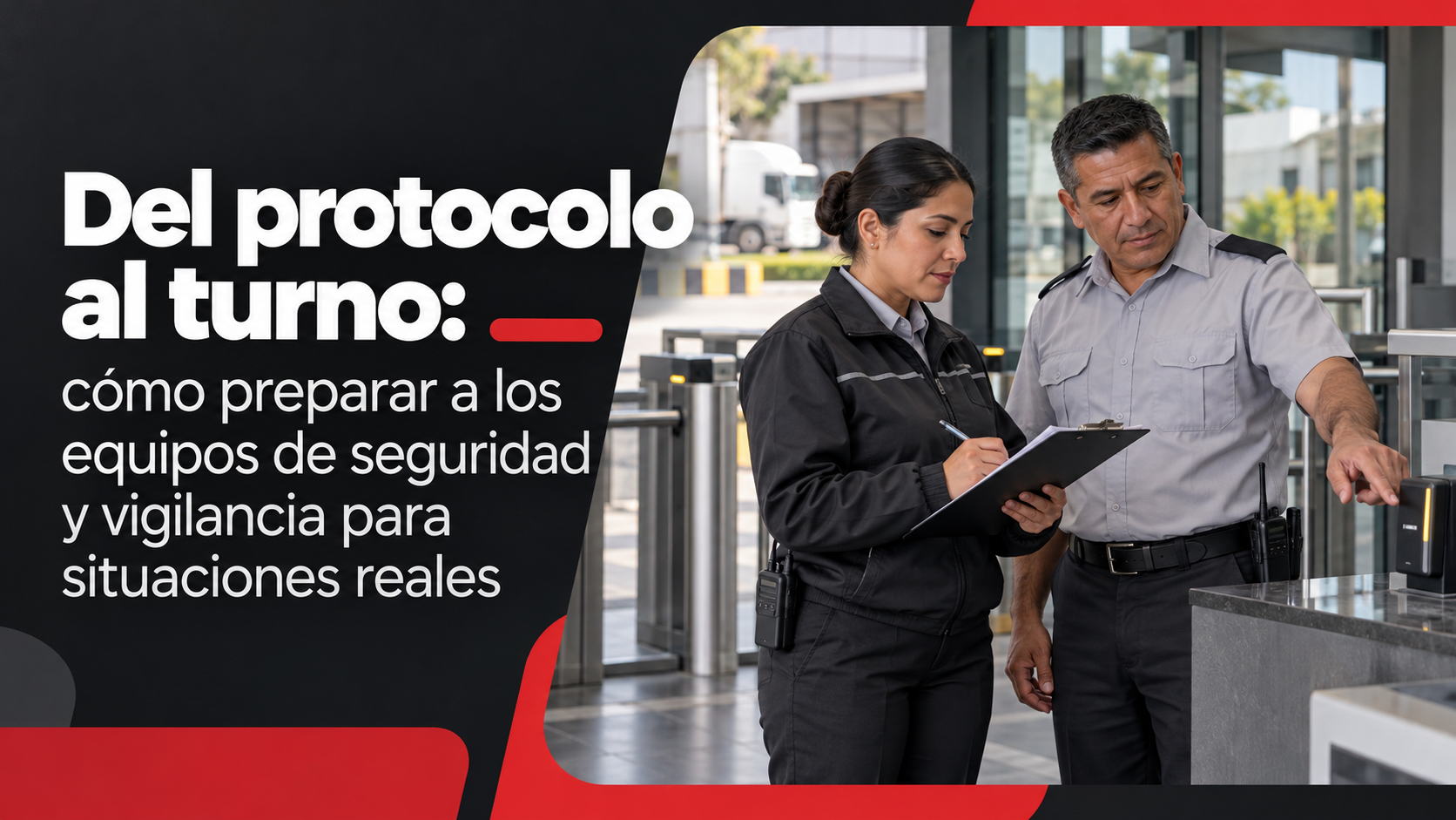 Portada «Del protocolo al turno»: dos profesionales de seguridad revisan un procedimiento en el control de acceso de un edificio.