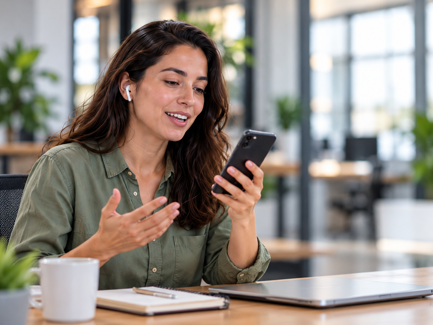 Profesional con audífonos practicando una conversación por voz desde su teléfono.