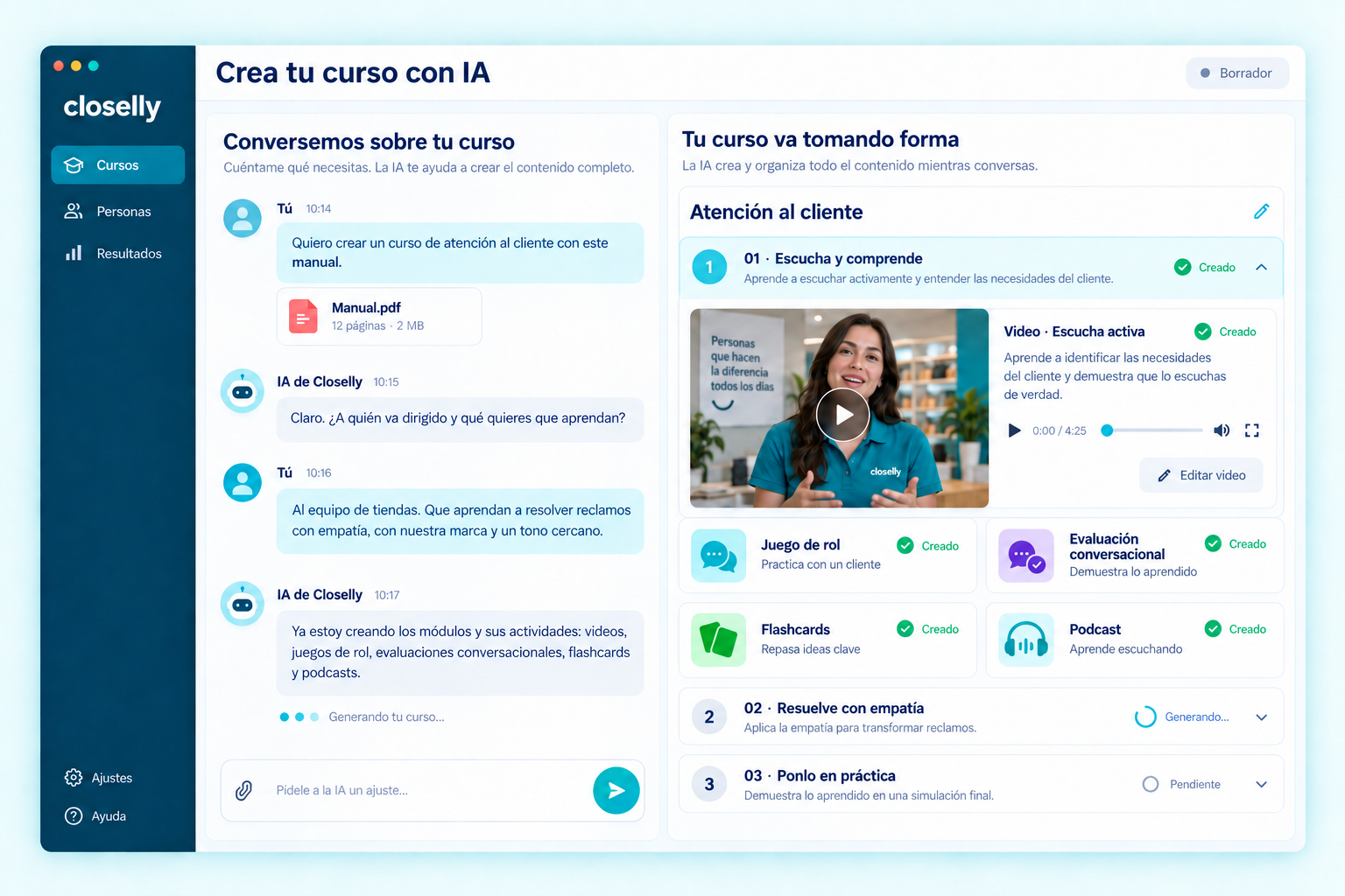 Conversación con la IA de Closelly que transforma materiales en un curso con módulos y actividades.
