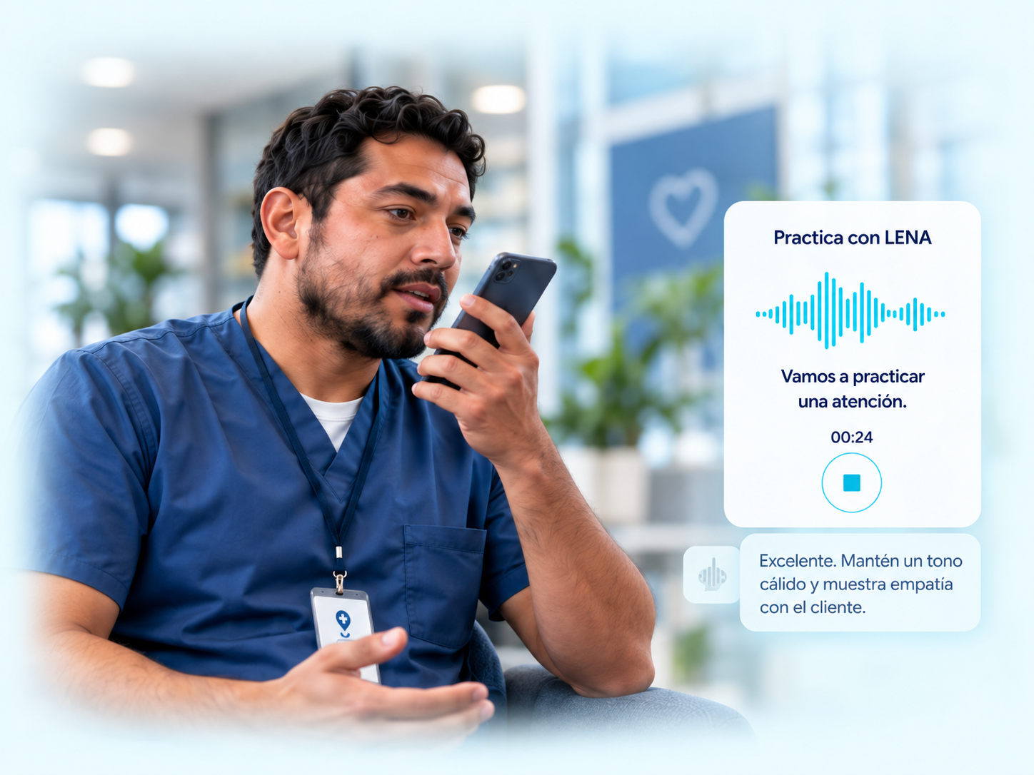 Profesional de salud practicando por voz con LENA desde su teléfono.