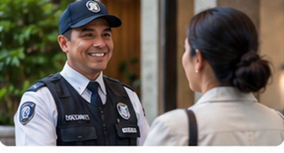 Guardia de seguridad conversando con una usuaria.