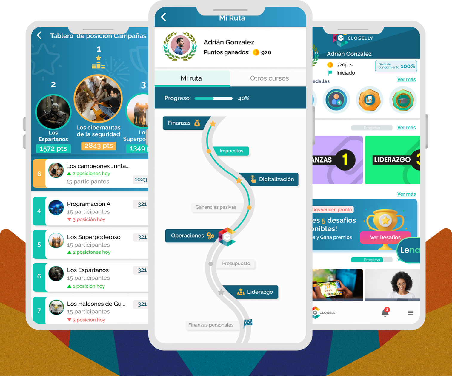 Tres mockups de la aplicación móvil de Closelly con tablero de posiciones, ruta de aprendizaje y medallas.