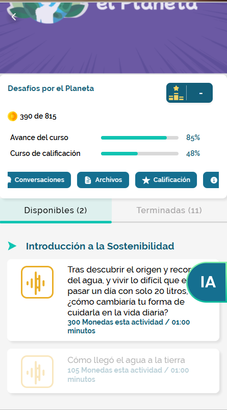 Captura de la aplicación del programa con el curso Desafíos por el Planeta, su avance y actividades de Introducción a la Sostenibilidad.