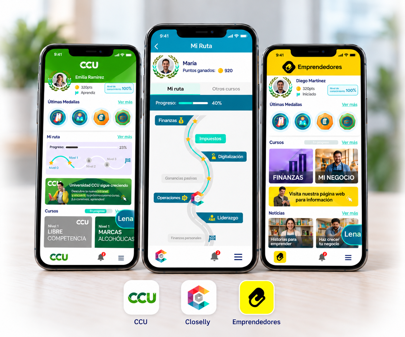 Aplicaciones móviles con marca CCU, Closelly y Emprendedores, incluida una ruta de aprendizaje.