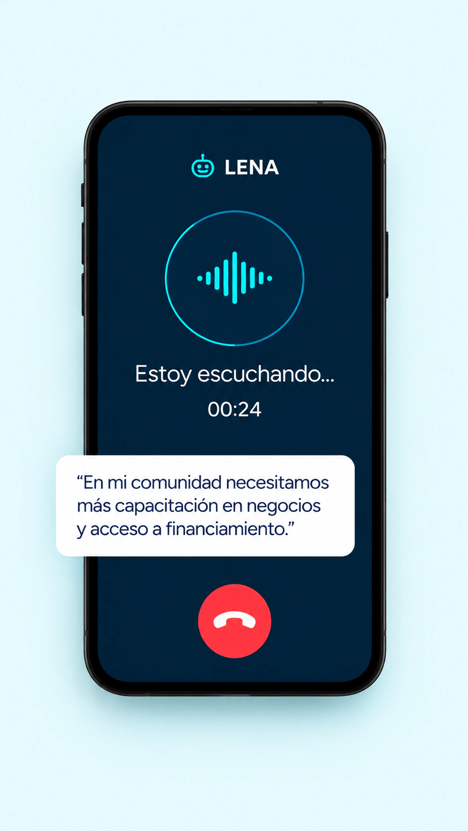 Pantalla ilustrativa de LENA escuchando una consulta comunitaria por voz.
