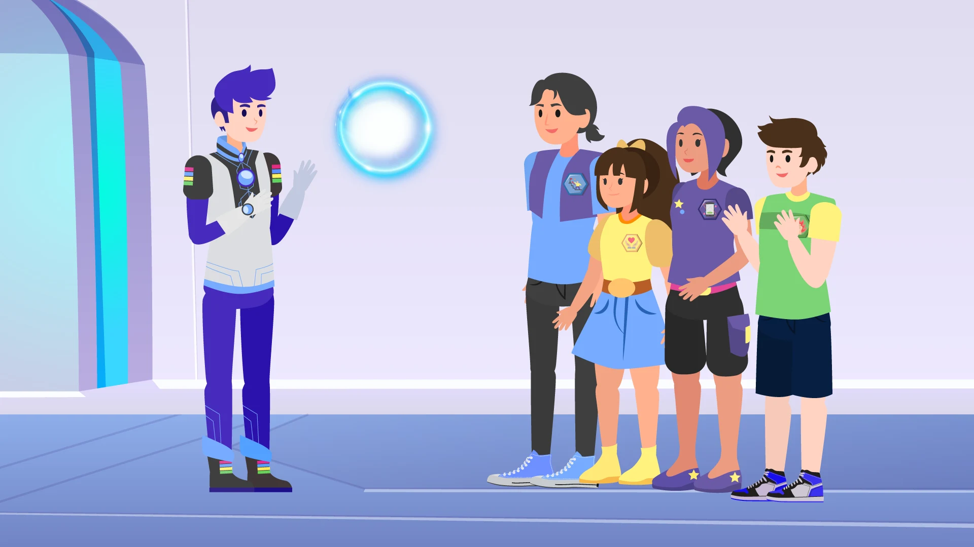 Ilustración del capitán Lian mostrando a LENA, una esfera de luz, a los cuatro jóvenes.