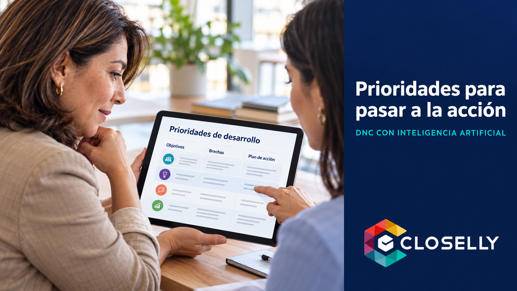 Escena ilustrativa de una líder revisando prioridades de desarrollo en una tablet; no corresponde a un reporte real de cliente.