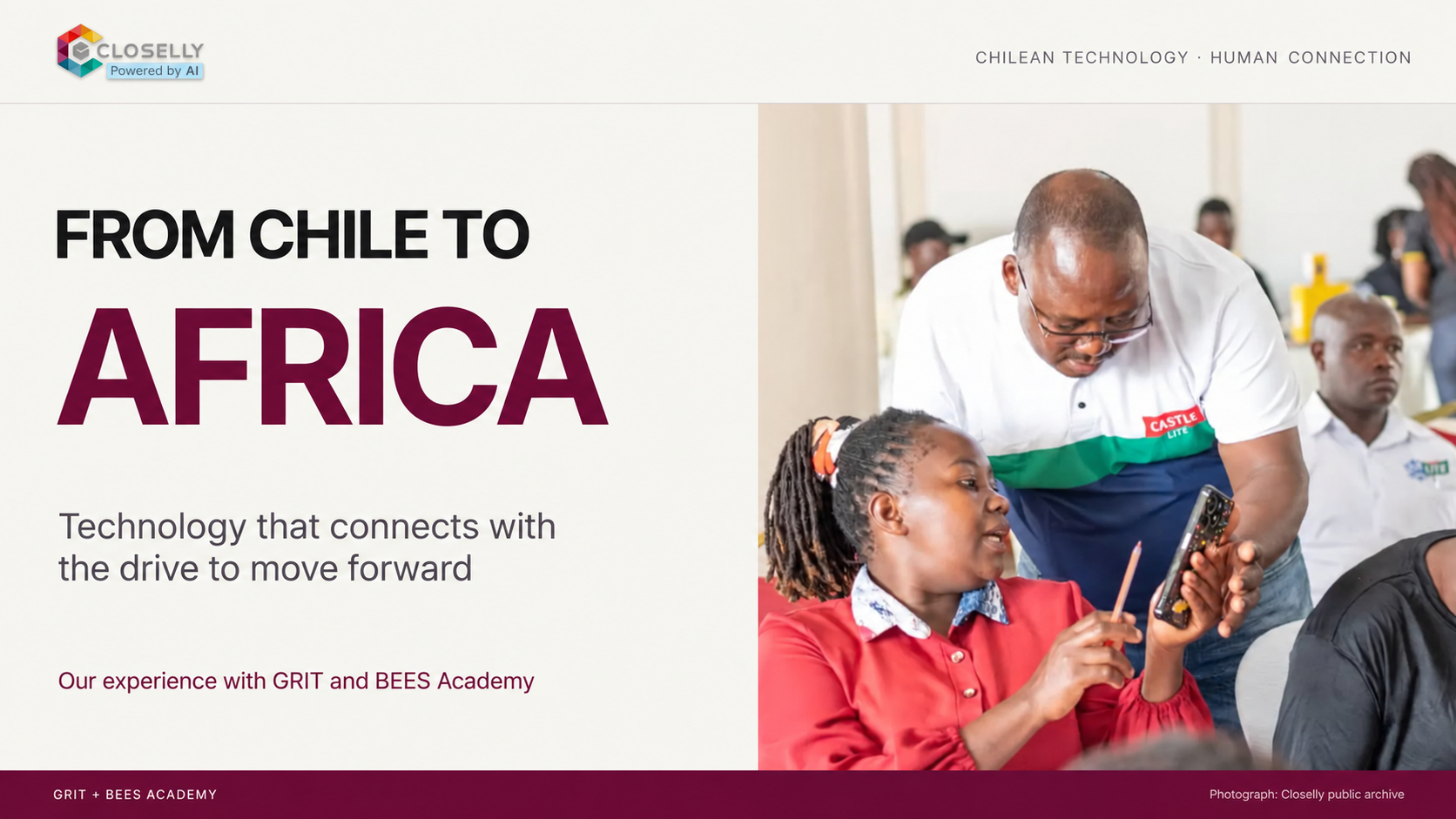 From Chile to Africa. Closelly cover featuring a GRIT participant using a phone alongside a facilitator.