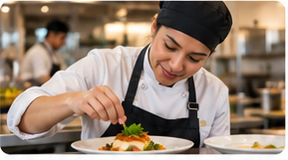 Chef preparando un plato en una cocina profesional.