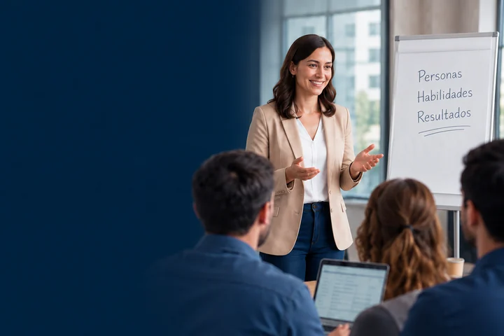 Consultora guiando un taller con un equipo profesional.