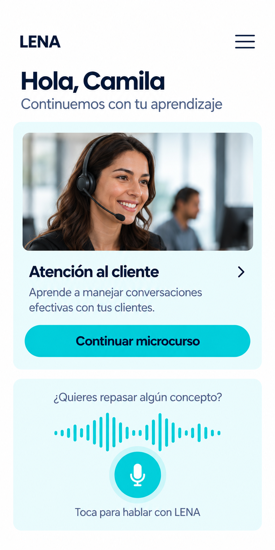 Maqueta de LENA que orienta a una participante para continuar su microcurso y repasar conceptos.