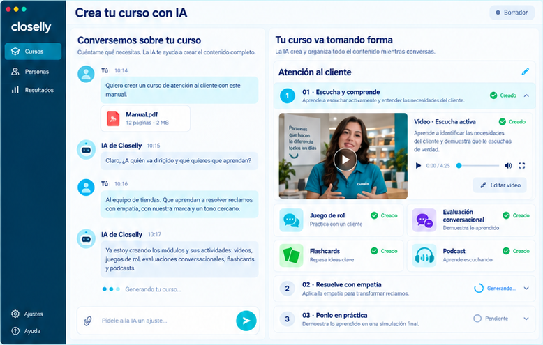 Interfaz de Closelly para convertir materiales en un curso con actividades.