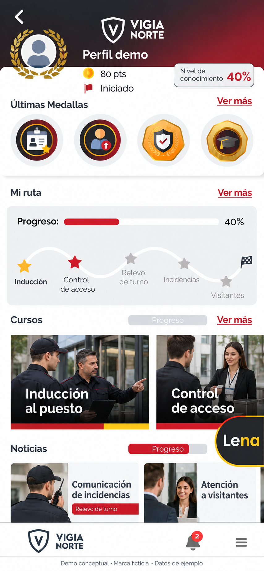 App Closelly adaptada a la marca ficticia VIGIA NORTE: perfil demo con medallas, ruta de inducción con progreso, cursos de inducción al puesto y control de acceso, y noticias.