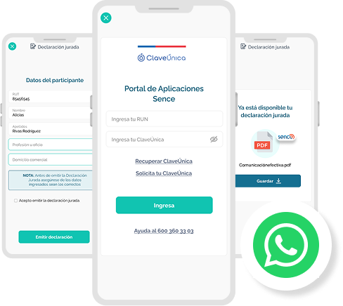 Tres pantallas móviles del flujo de firma: datos del participante, acceso al portal de aplicaciones y la declaración jurada disponible en PDF.