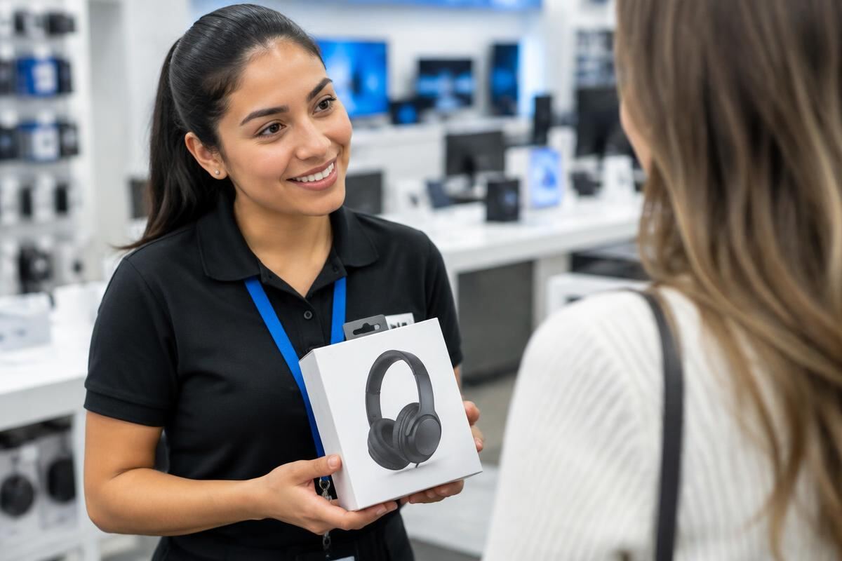 Vendedora mostrando unos audífonos a una clienta en una tienda de tecnología.