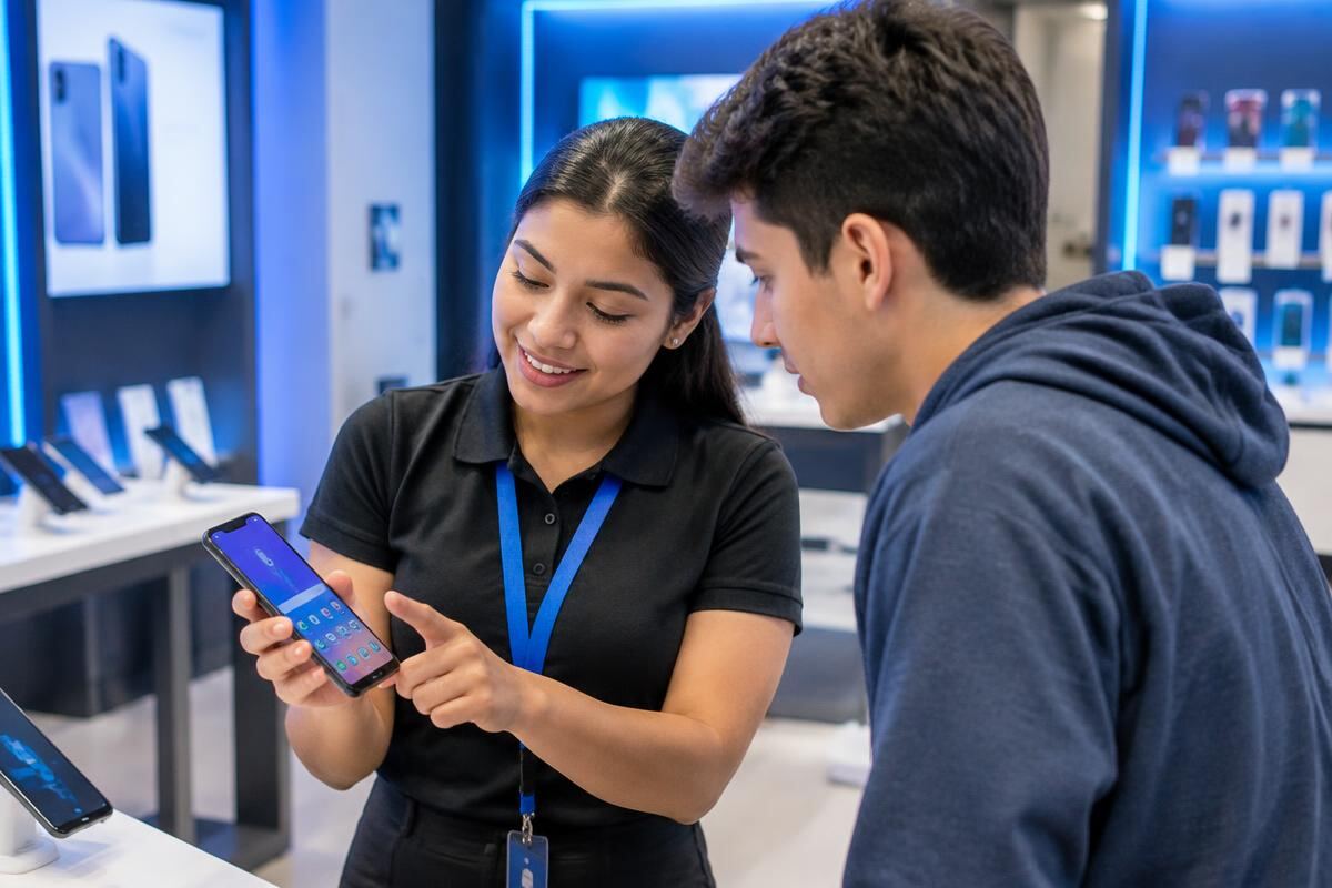 Asesora de telecomunicaciones mostrando un smartphone a un cliente.