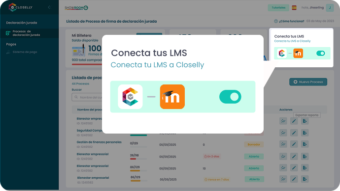 Tarjeta Conecta tus LMS dentro de Closelly, con la conexión hacia Moodle activada.
