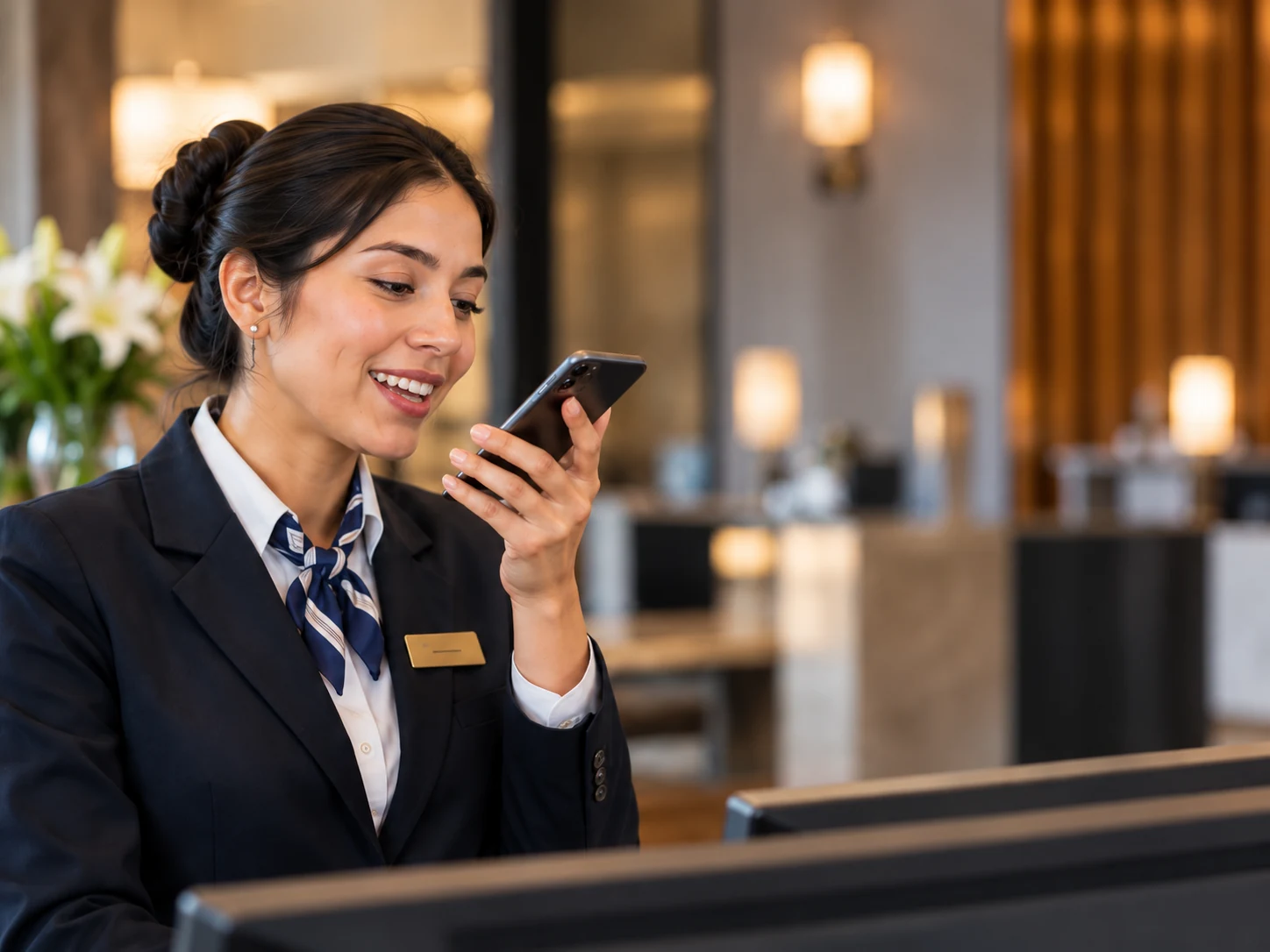 Recepcionista de hotel conversando por voz con LENA desde su teléfono.