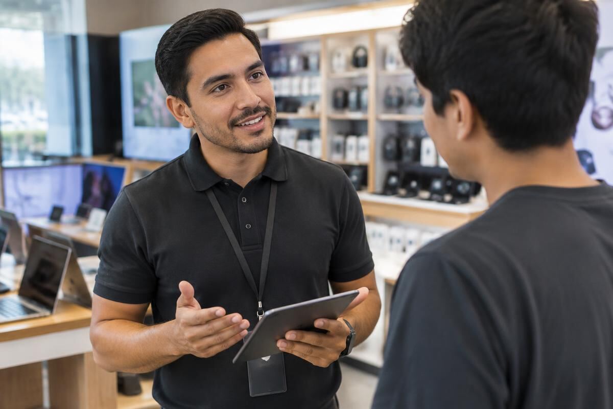 Jefe de tienda con una tableta conversando con un integrante de su equipo.