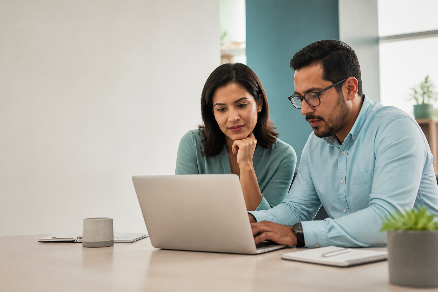Dos profesionales conversando mientras revisan información en un computador portátil.