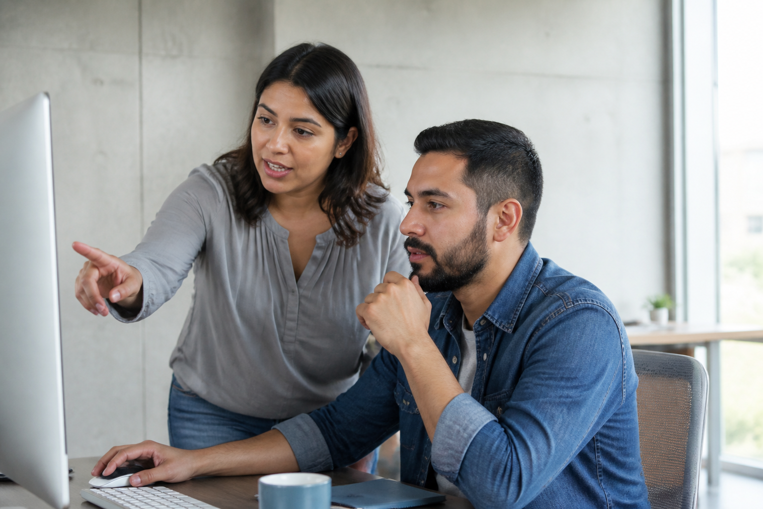Dos profesionales de capacitación y tecnología revisando juntos una pantalla en una oficina.