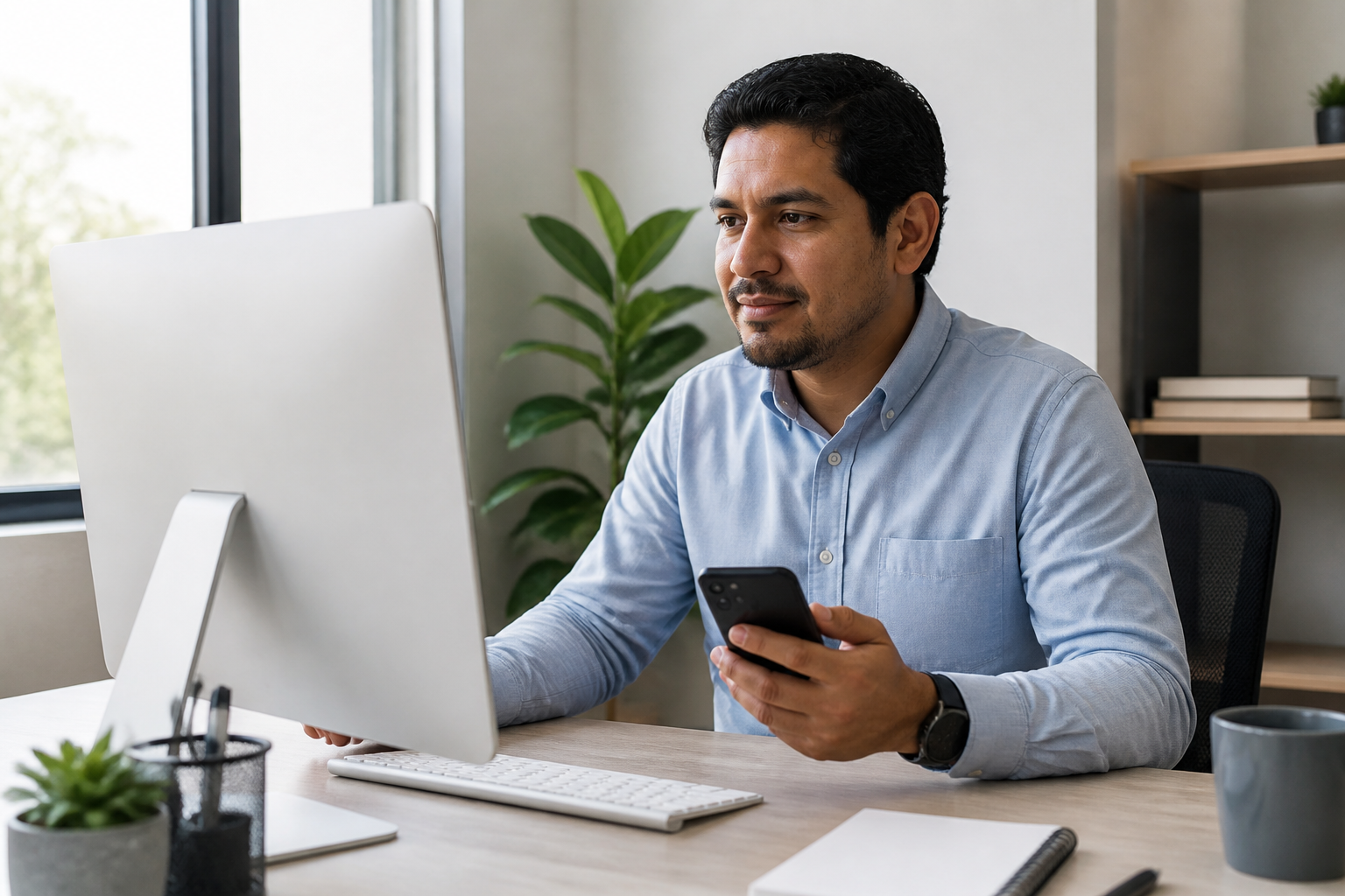 Persona revisando estados y pendientes en un computador mientras usa su teléfono.