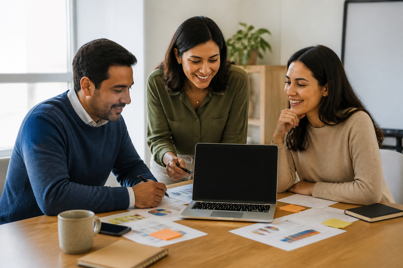 Equipo pequeño de consultoría revisando programas de capacitación de varios clientes.