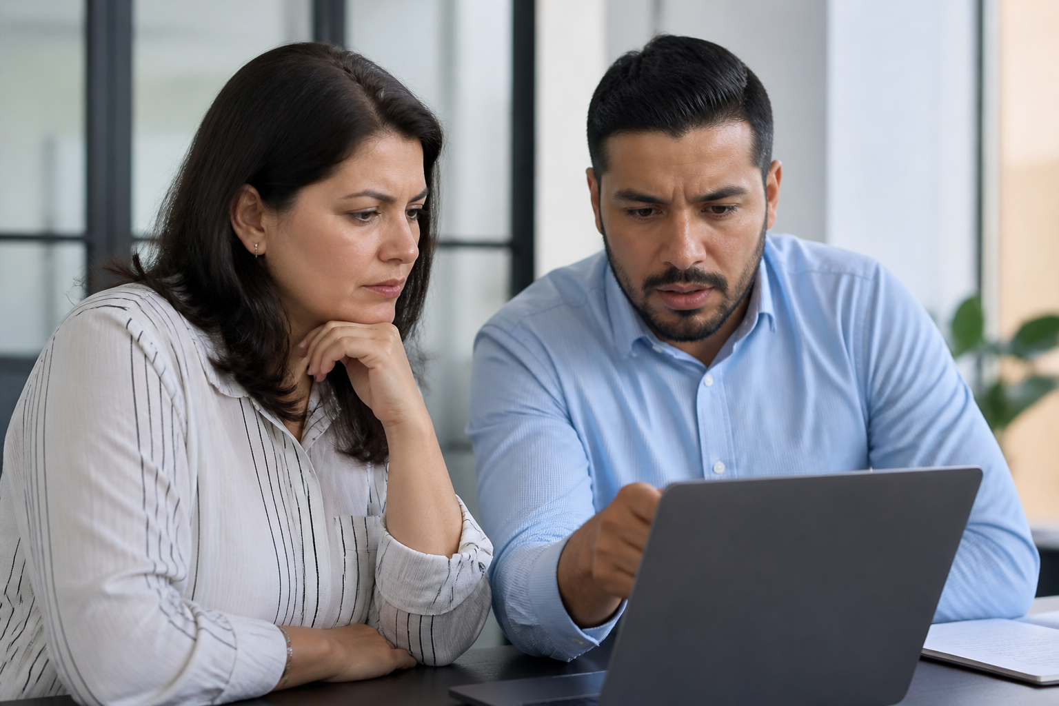 Dos responsables de capacitación analizando resultados en un computador portátil.