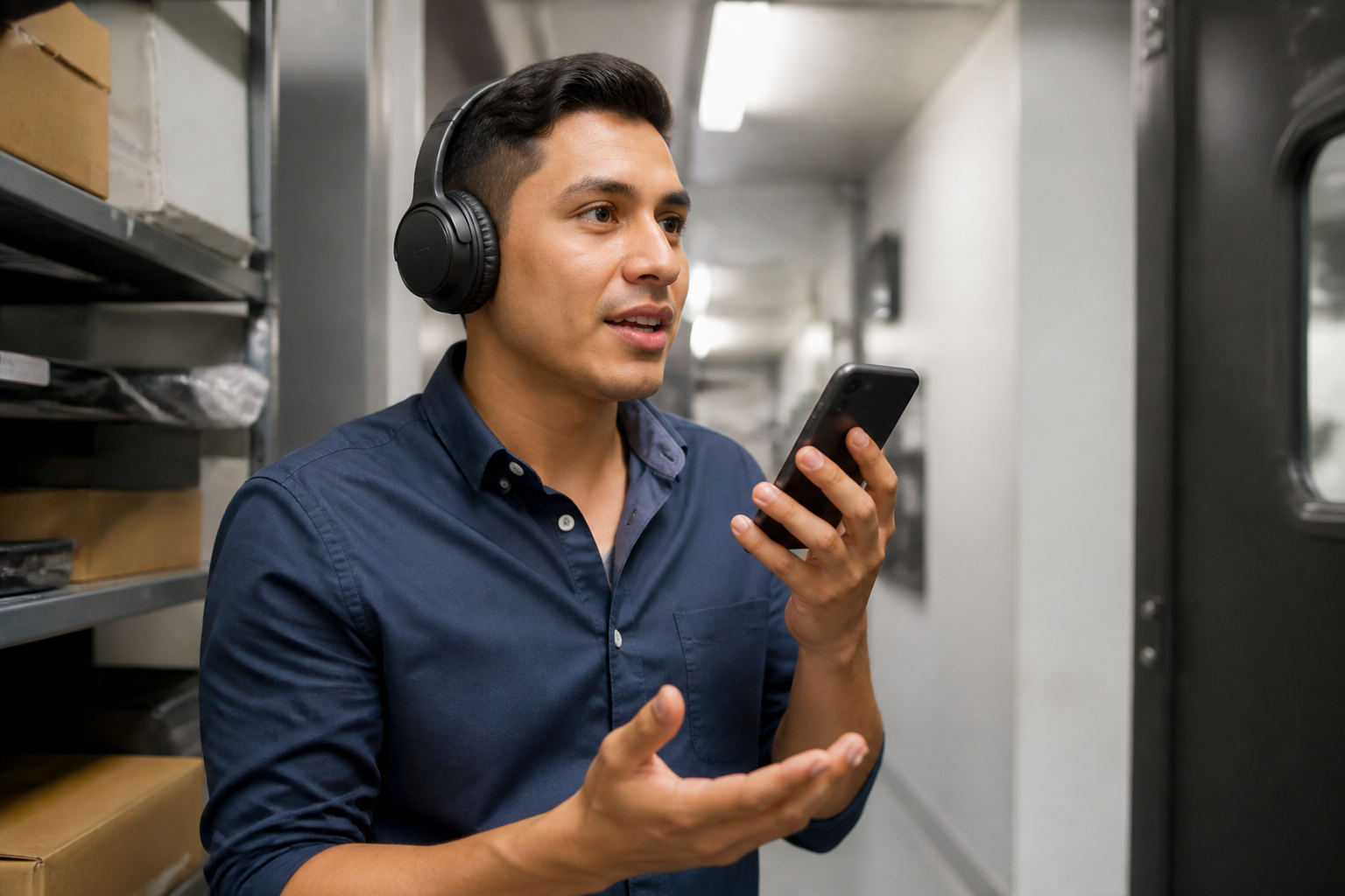 Profesional con audífonos hablando por su teléfono mientras practica una conversación de trabajo.